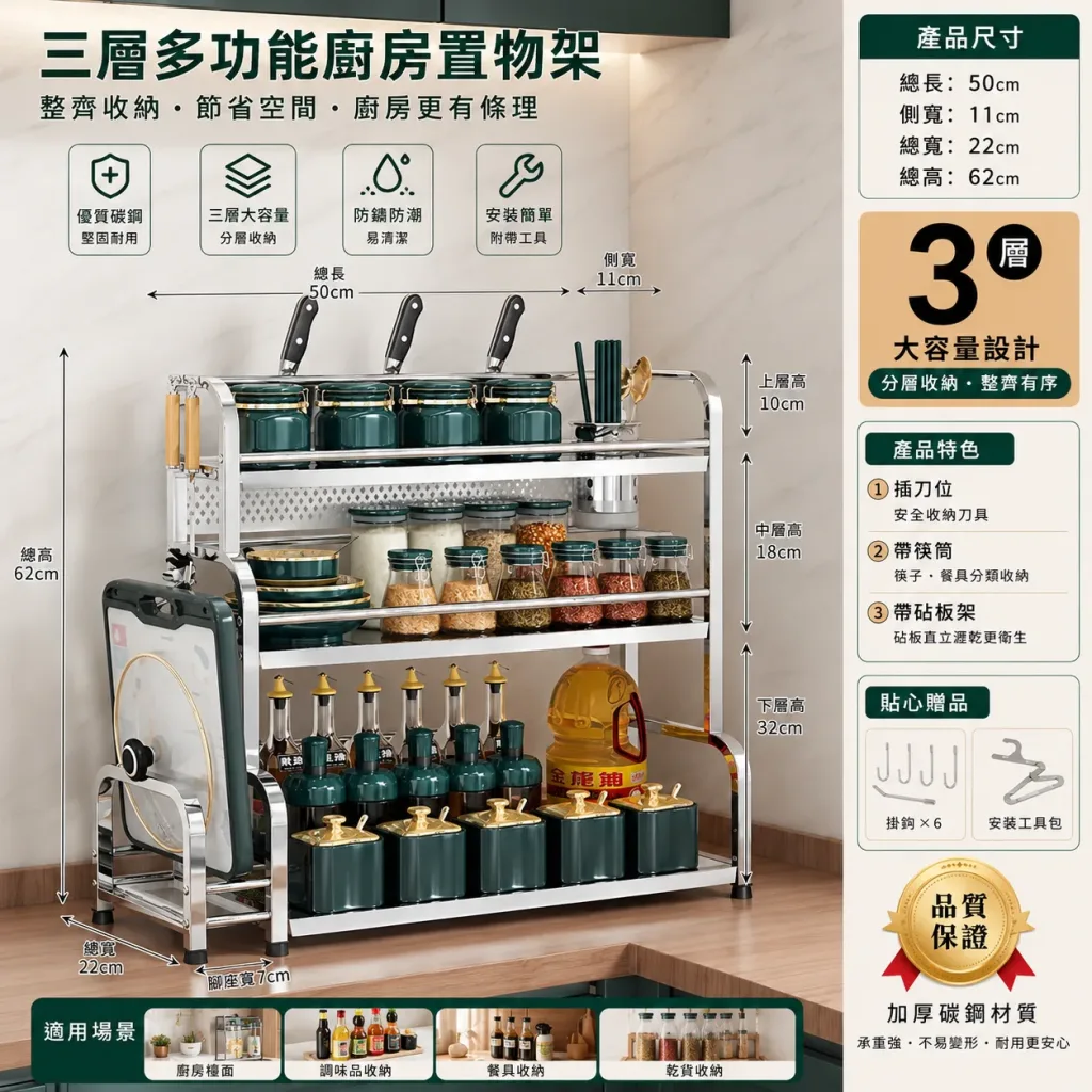 廚房鍋太多沒地放？不銹鋼調料鍋具收納置物架，科學分區，一站式收納瓶罐刀叉，鏤空瀝水設計，保持餐具乾爽，告別凌亂，享受烹飪的樂趣！ - 18