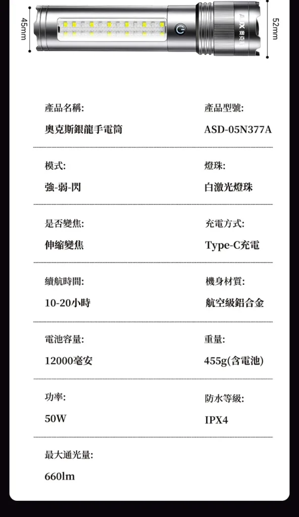 ✨奧克斯「銀龍強光手電筒」✅超亮雷射戶外鐳射巡邏家用遠射長續航大功率，✅遠射5000++超長續航，全新6大升級，照明更亮！更耐用！✨ - 26