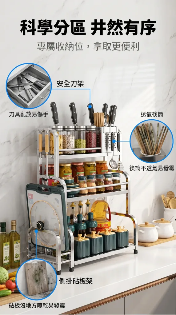 廚房鍋太多沒地放？不銹鋼調料鍋具收納置物架，科學分區，一站式收納瓶罐刀叉，鏤空瀝水設計，保持餐具乾爽，告別凌亂，享受烹飪的樂趣！ - 5